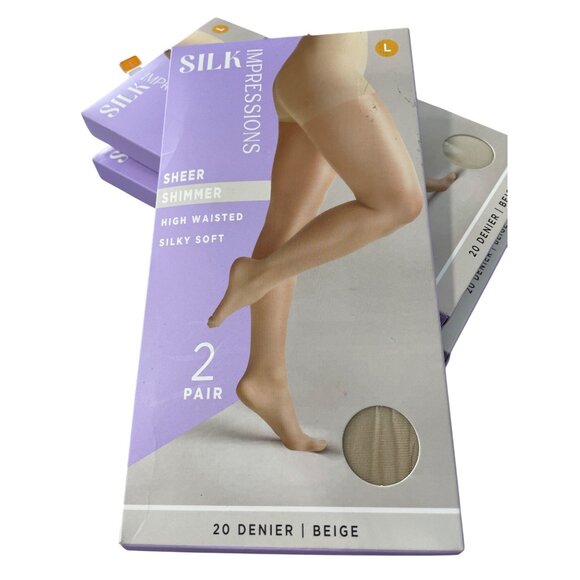 Silk Impressions Pantyhose Size Large Shimmer Sheer Beige 20 Denier 2 Pair NEW - Picture 1 of 6